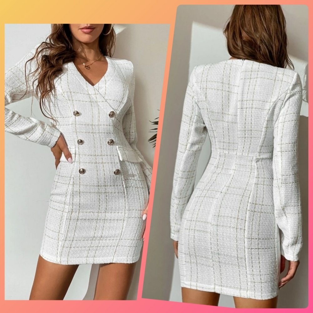 Snow Queen Shein White Plaid & Gold Button Detail Tweed Dress